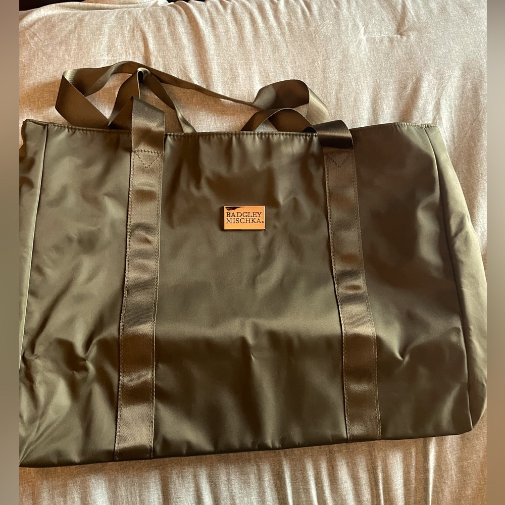 Badgley Mischka olive green tote bag.